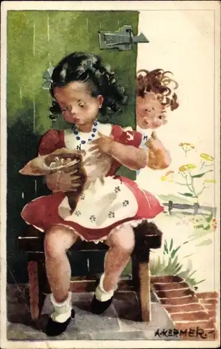 Künstler Ak Kermer, Mädchen mit Süßigkeiten, Junge
