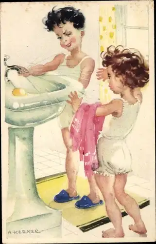 Künstler Ak Kermer,A., Junge spritzt Mädchen nass, Waschbecken
