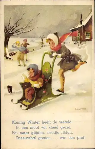 Künstler Ak Kermer, A., Kinder mit Schlitten, Winter