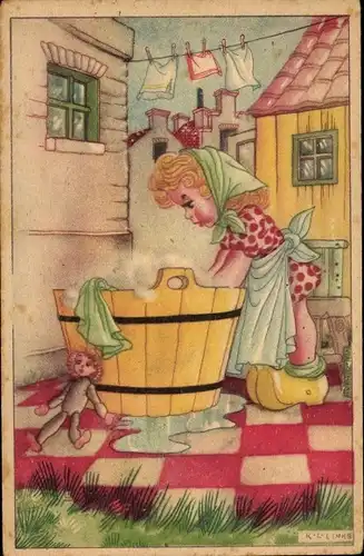 Künstler Ak Links, Karel L., Mädchen wäscht Wäsche, Puppe