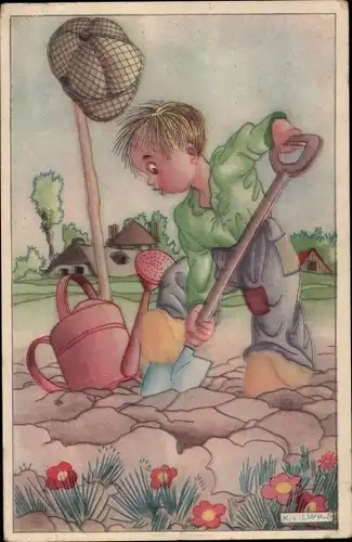Künstler Ak Links, Karel L., Junge bei der Gartenarbeit, Spaten, Gießkanne