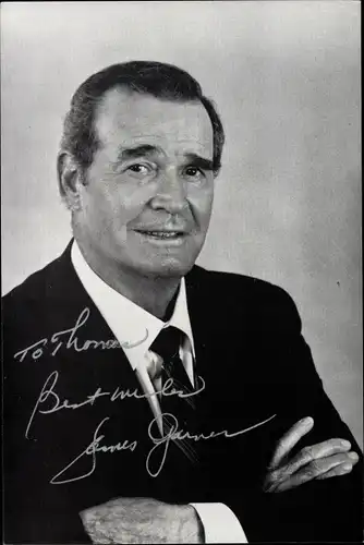 Foto Ak Schauspieler James Garner, Portrait, Autogramm, Krawatte