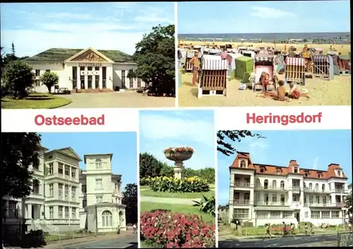 Ak Ostseebad Heringsdorf auf Usedom, Kulturhaus, Strand, FDGB-Erholungsheim Einheit, Kuranlagen