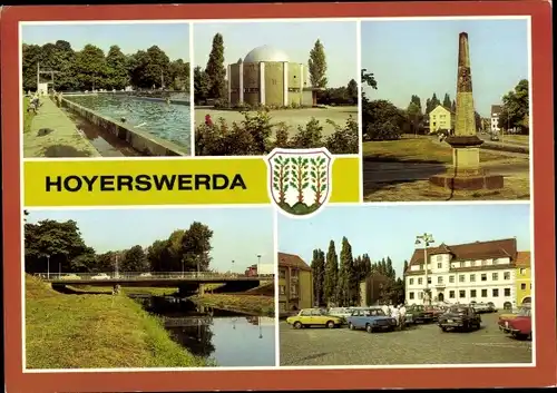 Ak Hoyerswerda in der Oberlausitz, Wappen, Stadtbad, Planetarium, Postsäule, Rathaus