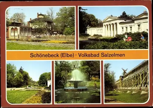 Ak Salzelmen Schönebeck an der Elbe, HO Gaststätte Kurpark, Lindenbad, Schwanenteich, Gradierwerk