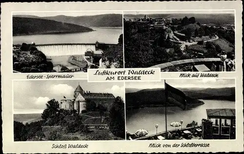 Ak Waldeck am Edersee Hessen, Sperrmauer, Schloss, Schlossterrasse, Ortsansicht