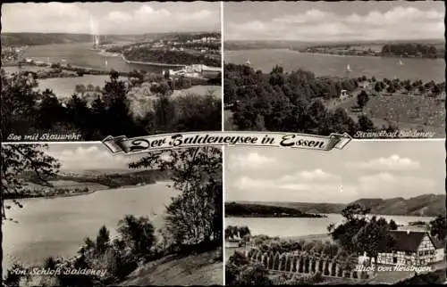 Ak Essen im Ruhrgebiet, Baldeneysee, Stauwehr, Strandbad, Schloss, Blick von Heisingen