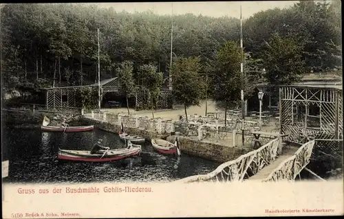 Ak Gohlis Niederau in Sachsen, Buschmühle, Anleger, Steg, Boote