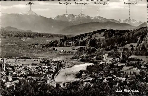 Ak Bad Tölz in Oberbayern, Ortsansicht, Zottenjoch, Demmeljoch, Karwendel, Juifen, Panorama