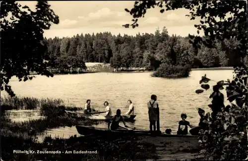 Ak Pöllwitz Zeulenroda in Thüringen, Badestrand, Badegäste, Ruderboote