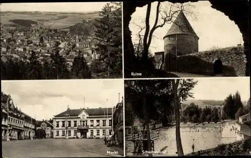 Ak Elsterberg im Vogtland, Ruine, Markt, Schwimmbad, Ortsansicht