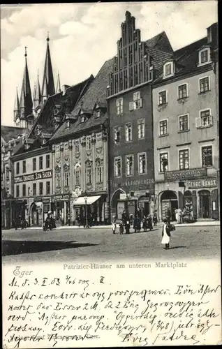 Ak Cheb Eger Reg. Karlsbad, Patritzier-Häuser, Unterer Marktplatz