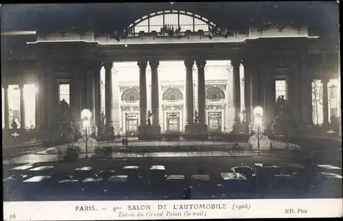 Ak Paris, 9. Automobilsalon 1906, Eingang zum Grand Palais, Nacht