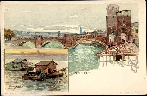 Künstler Litho Wielandt, Manuel, Verona Veneto, Brücke, Hausboote, Turm