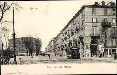 Ak Torino Turin Piemonte, Via e Caserma Cernaia, Straßenbahn