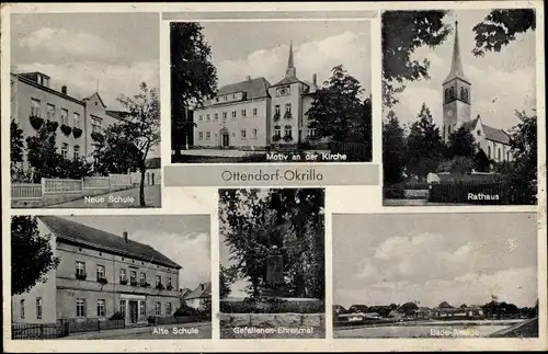 Ak Ottendorf Okrilla im Kr. Bautzen, Schule, Kirche, Rathaus, Ehrenmal, Badeanlage