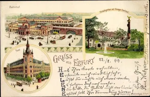 Litho Erfurt in Thüringen, Bahnhof, Hirschgarten, Kriegerdenkmal, Postgebäude