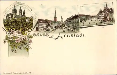 Litho Arnstadt in Thüringen, Liebfrauenkirche, Ried, Markt