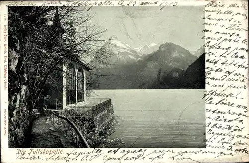 Ak Kanton Uri, Tellskapelle am Vierwaldstättersee, Blick über den See, Gebirge