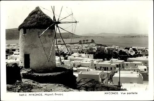Ak Mykonos Griechenland, moulin à vent, vue partielle de la ville