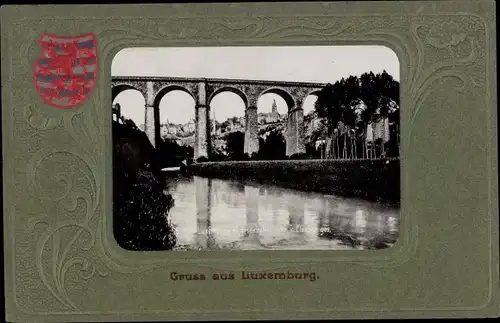 Präge Wappen Passepartout Ak Luxemburg Luxembourg, Eisenbahnbrücke