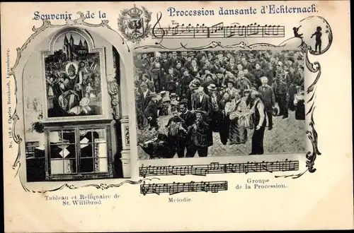 Ak Echternach Luxemburg, Procession dansante, Melodie, Reliquaire de St. Willibrod