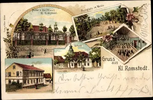 Litho Klein Romstedt Kleinromstedt Bad Sulza in Thüringen, Müllers Gasthaus, Festplatz, Schule