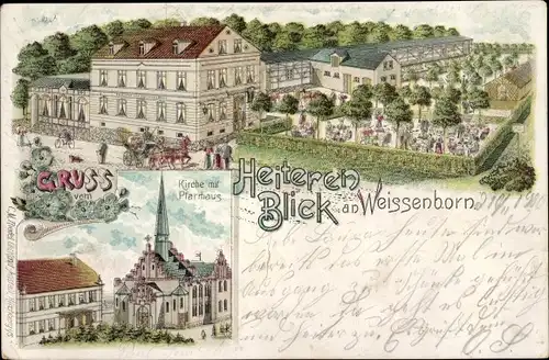 Litho Weißenborn Zwickau in Sachsen, Gasthaus zum Heiteren Blick, Kirche, Pfarrhaus