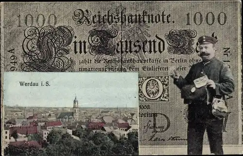 Passepartout Ak Werdau in Sachsen, Gesamtansicht, Reichsbanknote Eintausend Mark, Postbote