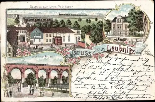 Litho Leubnitz Werdau in Sachsen, Gasthaus zur Linde, Leubnitzer Brücke