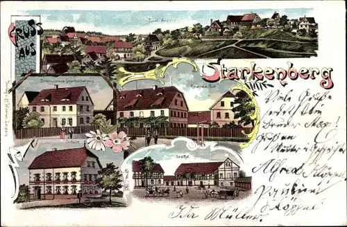 Litho Starkenberg Altenburger Land, Roland's Gut, Schule, Gasthof, Schmutzler's Geschäftshaus