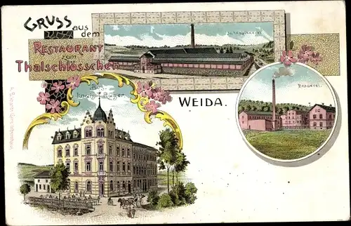 Litho Weida in Thüringen, Restaurant zum Thalschlösschen, Brauerei, Jutespinnerei