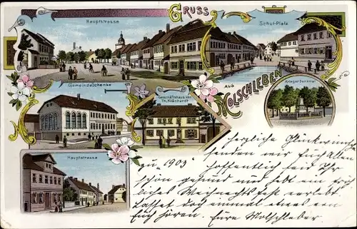 Litho Molschleben Thüringen, Hauptstraße, Schulplatz, Kriegerdenkmal, Hauptstraße,Geschäft Klanhardt