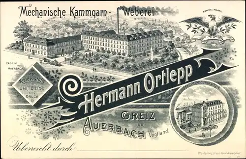 Litho Mechanische Kammgarn Weberei Hermann Ortlepp, Fabrik Auerbach, Geschäftshaus Greiz