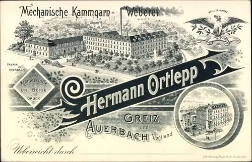 Litho Mechanische Kammgarn Weberei Hermann Ortlepp, Fabrik Auerbach, Geschäftshaus Greiz