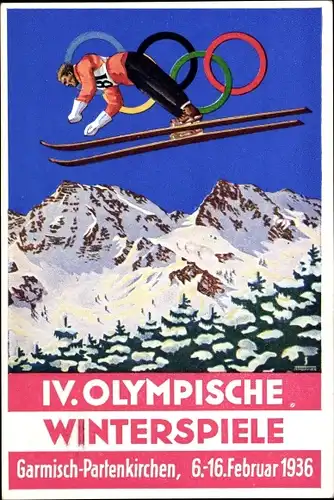 Künstler Ak Garmisch Partenkirchen in Oberbayern, Olympische Winterspiele 1936, Skisprung