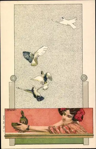 Jugendstil Künstler Litho Kempf, C. Th., Frauenbildnis, Tauben