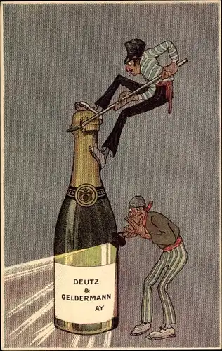 Ak Ay Marne, Champagner Deutz und Geldermann, Männer versuchen Sektflasche zu öffnen, Reklame