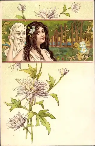 Jugendstil Litho Junge Frau mit langem Haar, Satyrenbüste, Krampus