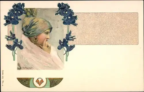 Jugendstil Künstler Litho Kempf, C. Th., Frauenbildnis, Blumen