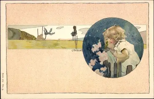 Jugendstil Künstler Litho Kempf, C. Th., Kinderportrait, Landschaftsmotiv