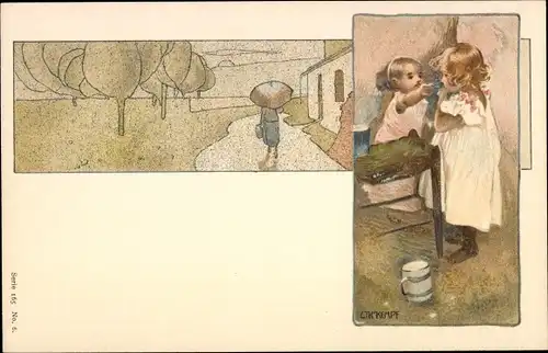 Jugendstil Künstler Litho Kempf, C. Th., zwei Kinder, Landschaftsmotiv