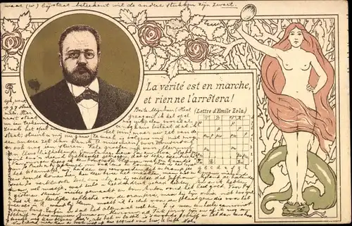Jugendstil Litho Schriftsteller Emile Zola, Dreyfus-Affäre, nackte Frau, Schlange