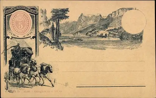 Vorläufer Litho Postkutsche, Gebirge, See, Jubiläumspostkarte, Gültigkeit bis 31.12.1893