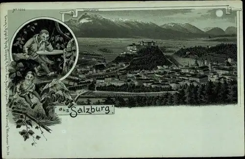 Mondschein Litho Salzburg in Österreich, Stadtpanorama, Zwerg