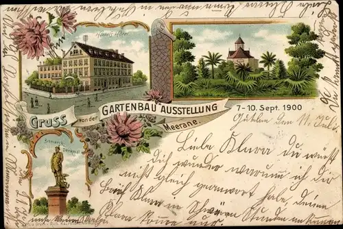 Litho Meerane in Sachsen, Gartenbau-Ausstellung 1900, Hartels Hotel, Bismarck Denkmal