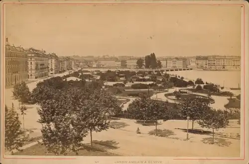 Kabinett Foto Genf Stadt, Englischer Garten, Promenade du Lac am linken Ufer vom Genfer See 