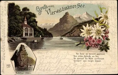 Litho Kanton Uri, Tellskapelle am Vierwaldstättersee, Schillerstein