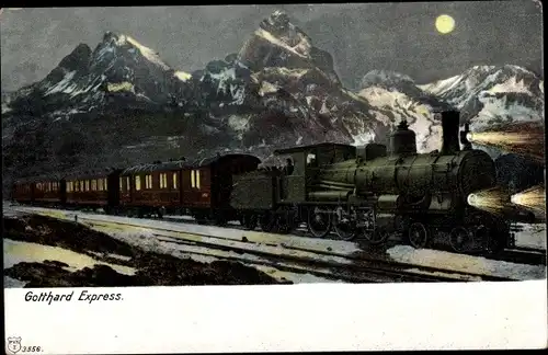 Mondschein Ak Gotthard Express, Dampflok, Eisenbahn in Fahrt, Alpenkamm bei Nacht