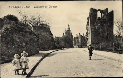 Ak Luxemburg, Clausen, Straße, Ruine, Kinder